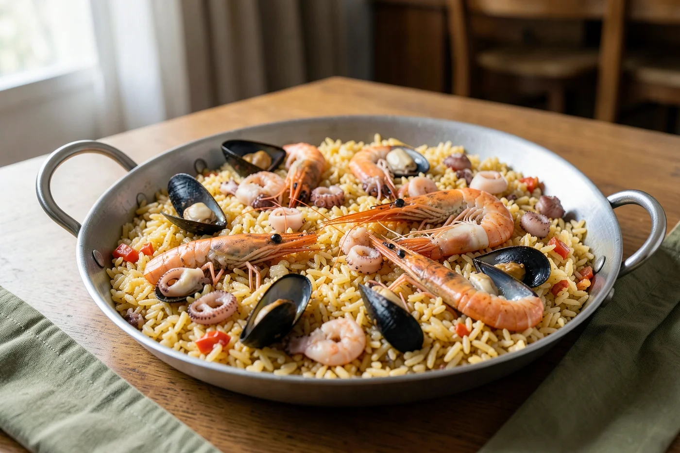 Paella de marisco en paellera, con arroz dorado y mariscos